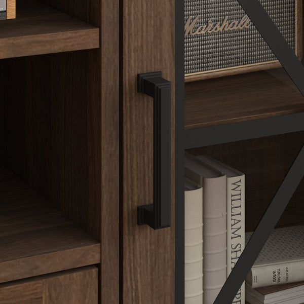 English Elm 63 Inch Farmhouse Media Console with Walnut Finish Glass Cabinet Doors and Open Shelving W409P536032