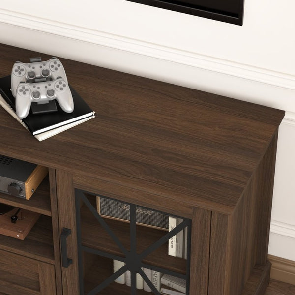 English Elm 63 Inch Farmhouse Media Console with Walnut Finish Glass Cabinet Doors and Open Shelving W409P536032