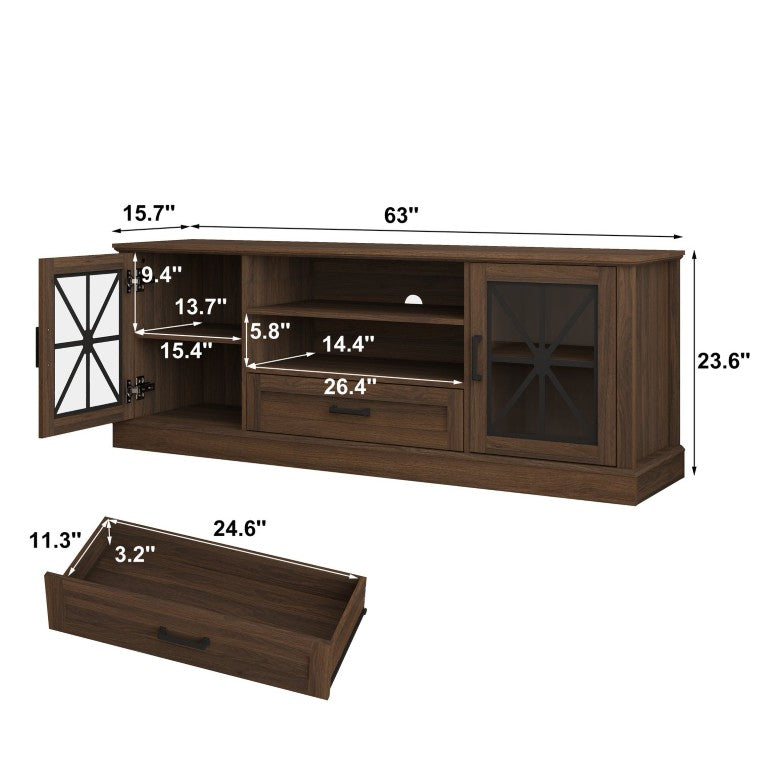 English Elm 63 Inch Farmhouse Media Console with Walnut Finish Glass Cabinet Doors and Open Shelving W409P536032
