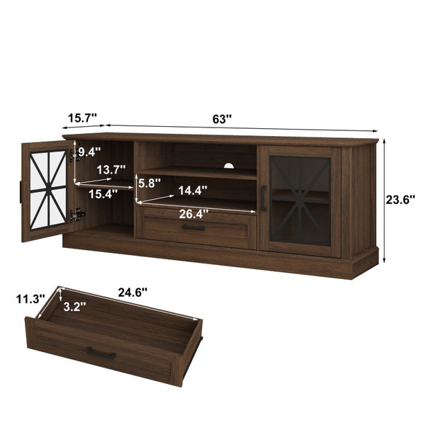 English Elm 63 Inch Farmhouse Media Console with Walnut Finish Glass Cabinet Doors and Open Shelving W409P536032