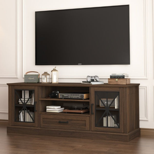 English Elm 63 Inch Farmhouse Media Console with Walnut Finish Glass Cabinet Doors and Open Shelving W409P536032