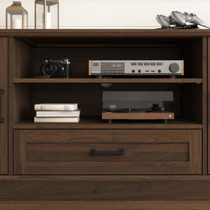 English Elm 63 Inch Farmhouse Media Console with Walnut Finish Glass Cabinet Doors and Open Shelving W409P536032
