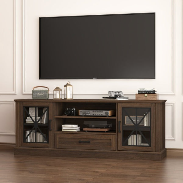 English Elm 63 Inch Farmhouse Media Console with Walnut Finish Glass Cabinet Doors and Open Shelving W409P536032
