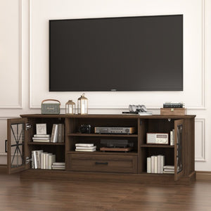 English Elm 63 Inch Farmhouse Media Console with Walnut Finish Glass Cabinet Doors and Open Shelving W409P536032