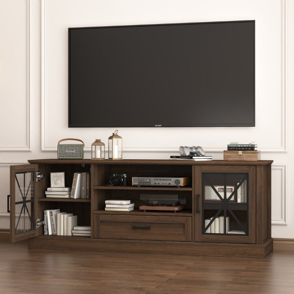 English Elm 63 Inch Farmhouse Media Console with Walnut Finish Glass Cabinet Doors and Open Shelving W409P536032
