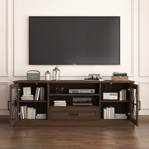 English Elm 63 Inch Farmhouse Media Console with Walnut Finish Glass Cabinet Doors and Open Shelving W409P536032