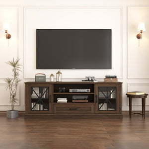 English Elm 63 Inch Farmhouse Media Console with Walnut Finish Glass Cabinet Doors and Open Shelving W409P536032