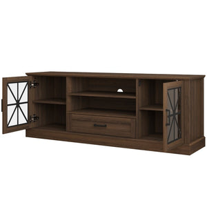 English Elm 63 Inch Farmhouse Media Console with Walnut Finish Glass Cabinet Doors and Open Shelving W409P536032