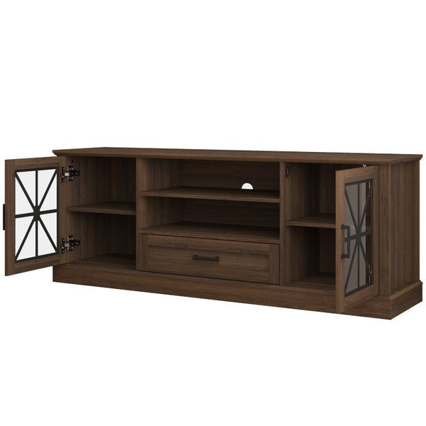 English Elm 63 Inch Farmhouse Media Console with Walnut Finish Glass Cabinet Doors and Open Shelving W409P536032