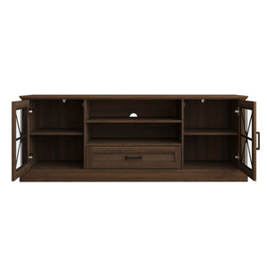 English Elm 63 Inch Farmhouse Media Console with Walnut Finish Glass Cabinet Doors and Open Shelving W409P536032