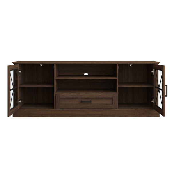 English Elm 63 Inch Farmhouse Media Console with Walnut Finish Glass Cabinet Doors and Open Shelving W409P536032