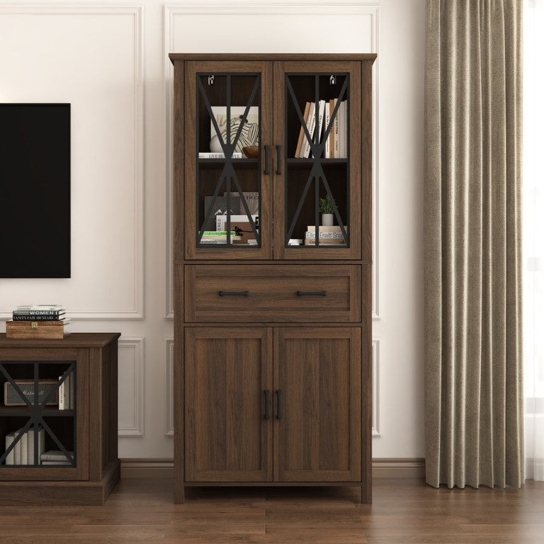 English Elm 70.9 Inch Walnut Farmhouse Pantry Cabinet with Glass Doors Drawer and Adjustable Shelves W409P536043