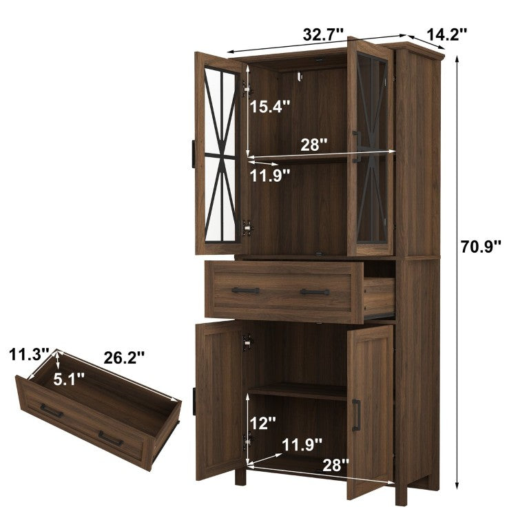 English Elm 70.9 Inch Walnut Farmhouse Pantry Cabinet with Glass Doors Drawer and Adjustable Shelves W409P536043