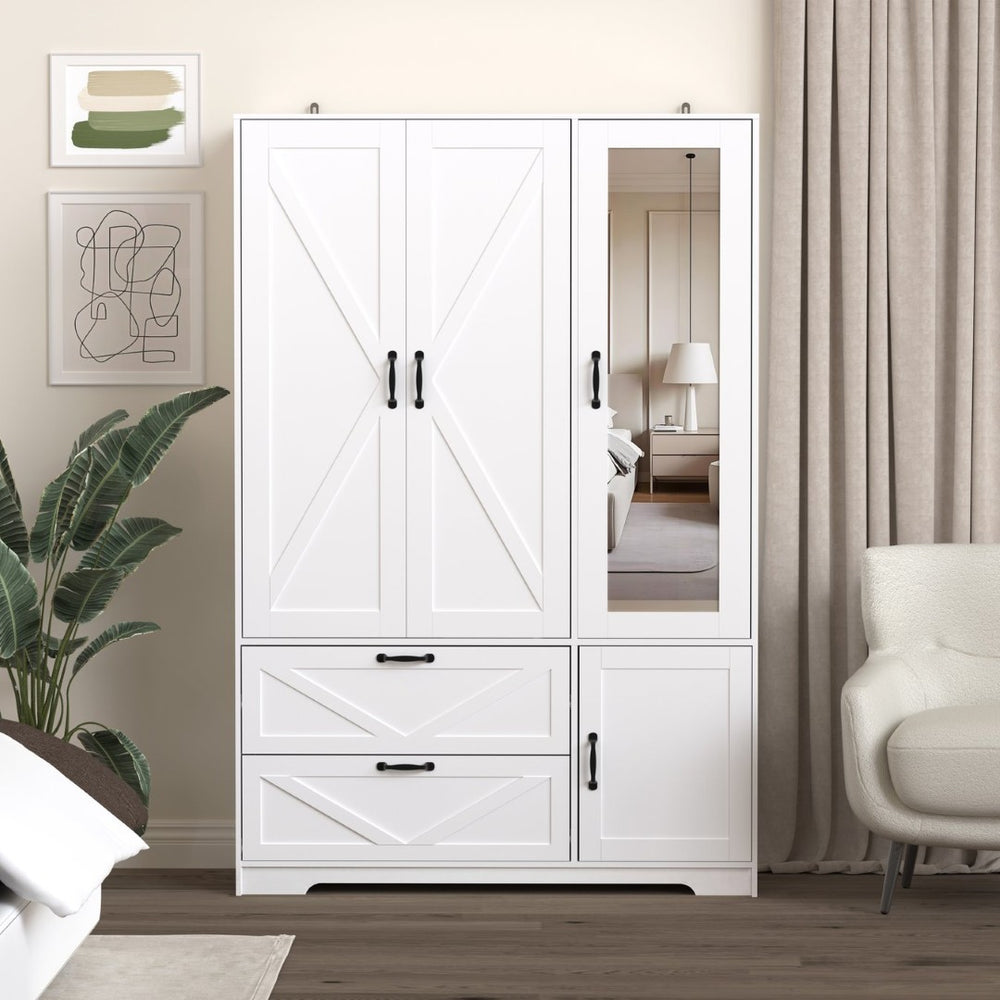 English Elm 4 Door White Wardrobe Cabinet with LED Sensor Lights Mirrors Drawers and Adjustable Shelves W409S00004