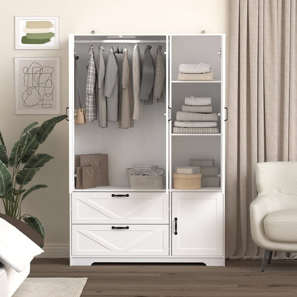 English Elm 4 Door White Wardrobe Cabinet with LED Sensor Lights Mirrors Drawers and Adjustable Shelves W409S00004