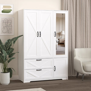 English Elm 4 Door White Wardrobe Cabinet with LED Sensor Lights Mirrors Drawers and Adjustable Shelves W409S00004
