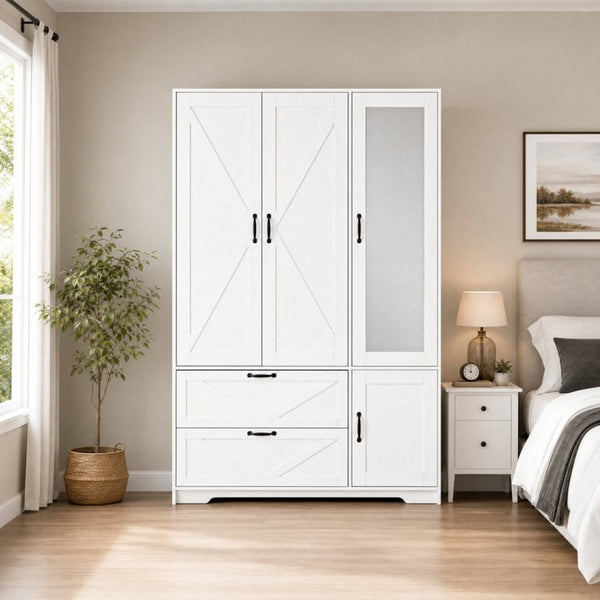 English Elm 4 Door White Wardrobe Cabinet with LED Sensor Lights Mirrors Drawers and Adjustable Shelves W409S00004