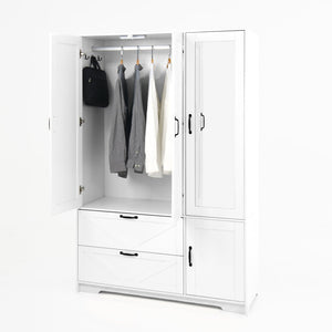 English Elm 4 Door White Wardrobe Cabinet with LED Sensor Lights Mirrors Drawers and Adjustable Shelves W409S00004