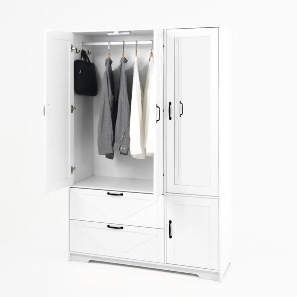 English Elm 4 Door White Wardrobe Cabinet with LED Sensor Lights Mirrors Drawers and Adjustable Shelves W409S00004