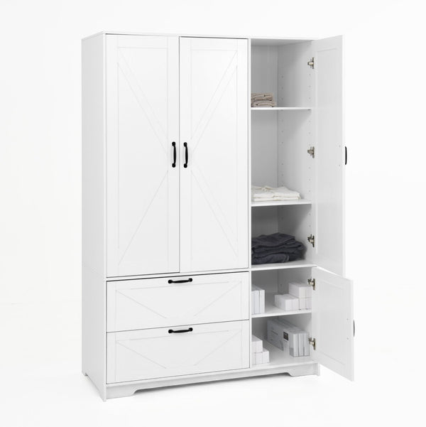 English Elm 4 Door White Wardrobe Cabinet with LED Sensor Lights Mirrors Drawers and Adjustable Shelves W409S00004