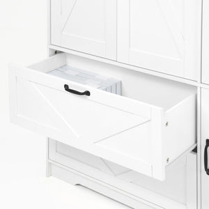 English Elm 4 Door White Wardrobe Cabinet with LED Sensor Lights Mirrors Drawers and Adjustable Shelves W409S00004