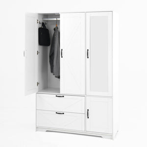 English Elm 4 Door White Wardrobe Cabinet with LED Sensor Lights Mirrors Drawers and Adjustable Shelves W409S00004