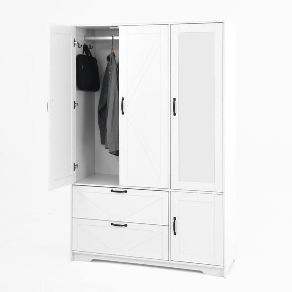 English Elm 4 Door White Wardrobe Cabinet with LED Sensor Lights Mirrors Drawers and Adjustable Shelves W409S00004