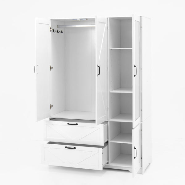 English Elm 4 Door White Wardrobe Cabinet with LED Sensor Lights Mirrors Drawers and Adjustable Shelves W409S00004