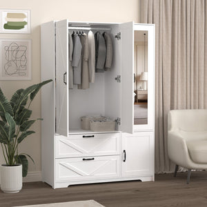 English Elm 4 Door White Wardrobe Cabinet with LED Sensor Lights Mirrors Drawers and Adjustable Shelves W409S00004