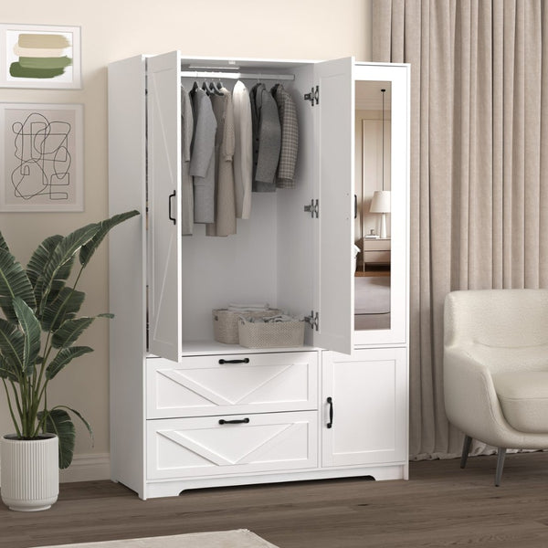 English Elm 4 Door White Wardrobe Cabinet with LED Sensor Lights Mirrors Drawers and Adjustable Shelves W409S00004