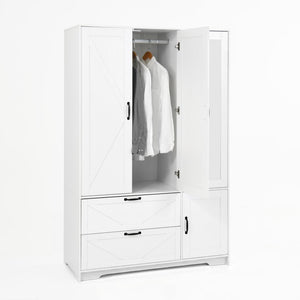 English Elm 4 Door White Wardrobe Cabinet with LED Sensor Lights Mirrors Drawers and Adjustable Shelves W409S00004