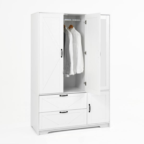 English Elm 4 Door White Wardrobe Cabinet with LED Sensor Lights Mirrors Drawers and Adjustable Shelves W409S00004