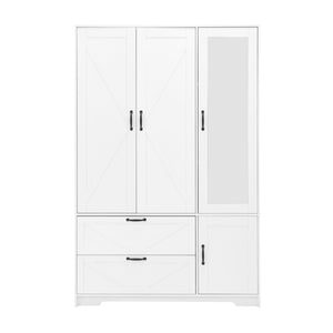 English Elm 4 Door White Wardrobe Cabinet with LED Sensor Lights Mirrors Drawers and Adjustable Shelves W409S00004