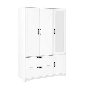 English Elm 4 Door White Wardrobe Cabinet with LED Sensor Lights Mirrors Drawers and Adjustable Shelves W409S00004