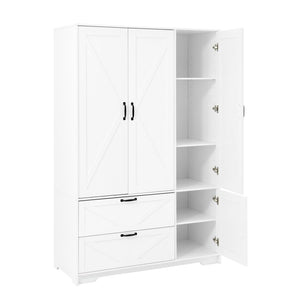 English Elm 4 Door White Wardrobe Cabinet with LED Sensor Lights Mirrors Drawers and Adjustable Shelves W409S00004