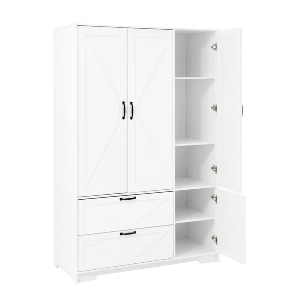 English Elm 4 Door White Wardrobe Cabinet with LED Sensor Lights Mirrors Drawers and Adjustable Shelves W409S00004