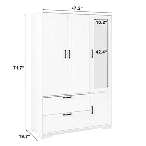 English Elm 4 Door White Wardrobe Cabinet with LED Sensor Lights Mirrors Drawers and Adjustable Shelves W409S00004