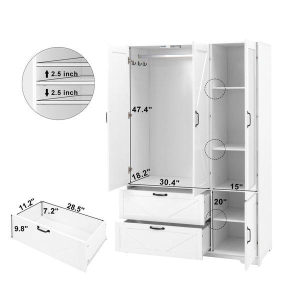 English Elm 4 Door White Wardrobe Cabinet with LED Sensor Lights Mirrors Drawers and Adjustable Shelves W409S00004