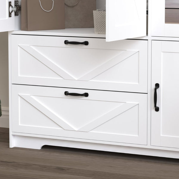 English Elm 4 Door White Wardrobe Cabinet with LED Sensor Lights Mirrors Drawers and Adjustable Shelves W409S00004