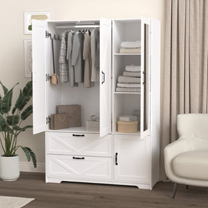 English Elm 4 Door White Wardrobe Cabinet with LED Sensor Lights Mirrors Drawers and Adjustable Shelves W409S00004