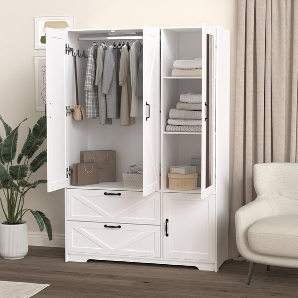 English Elm 4 Door White Wardrobe Cabinet with LED Sensor Lights Mirrors Drawers and Adjustable Shelves W409S00004