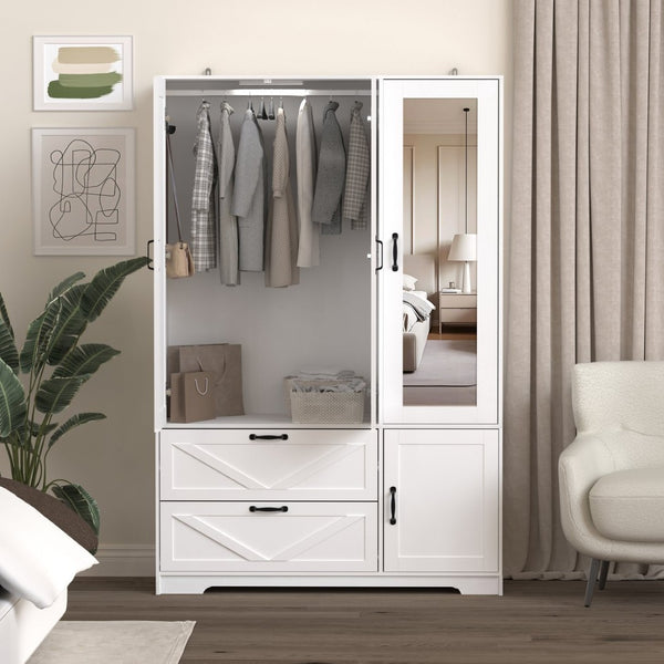 English Elm 4 Door White Wardrobe Cabinet with LED Sensor Lights Mirrors Drawers and Adjustable Shelves W409S00004