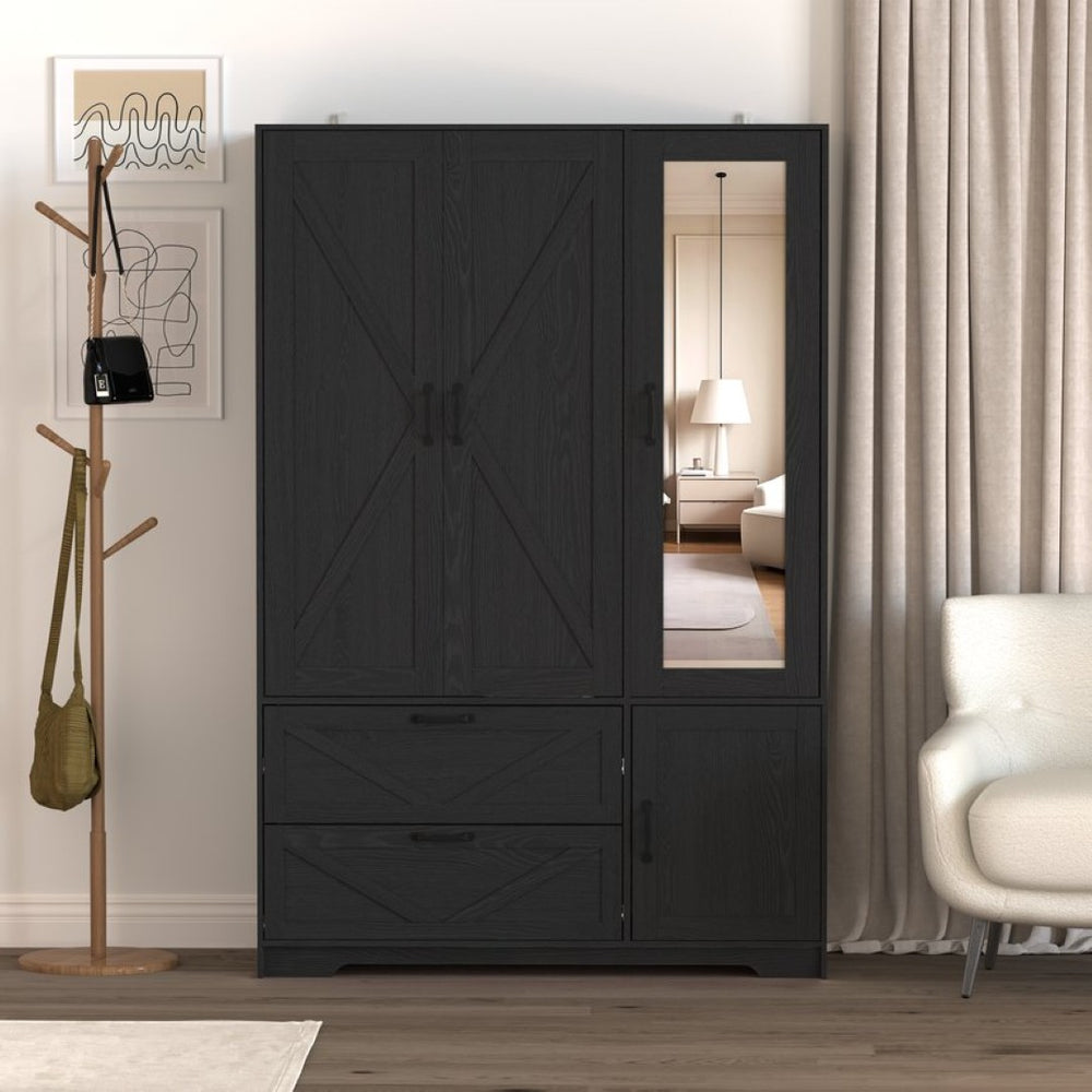 English Elm 4 Door Matte Black Wardrobe with LED Lighting Mirror Drawers and Hanging Rod W409S00005