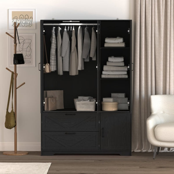 English Elm 4 Door Matte Black Wardrobe with LED Lighting Mirror Drawers and Hanging Rod W409S00005