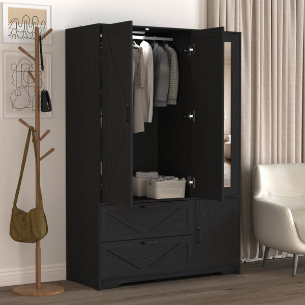 English Elm 4 Door Matte Black Wardrobe with LED Lighting Mirror Drawers and Hanging Rod W409S00005