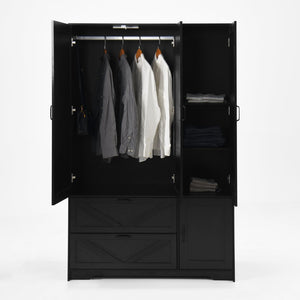 English Elm 4 Door Matte Black Wardrobe with LED Lighting Mirror Drawers and Hanging Rod W409S00005