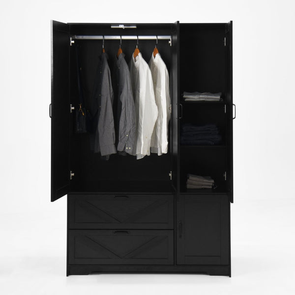 English Elm 4 Door Matte Black Wardrobe with LED Lighting Mirror Drawers and Hanging Rod W409S00005