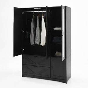 English Elm 4 Door Matte Black Wardrobe with LED Lighting Mirror Drawers and Hanging Rod W409S00005