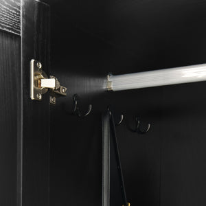 English Elm 4 Door Matte Black Wardrobe with LED Lighting Mirror Drawers and Hanging Rod W409S00005