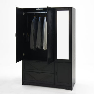 English Elm 4 Door Matte Black Wardrobe with LED Lighting Mirror Drawers and Hanging Rod W409S00005